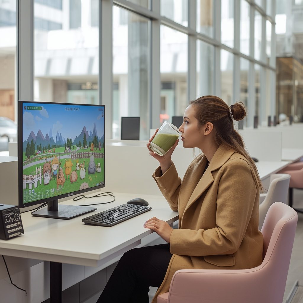 A bright, airy BLOOP corner with a soft pastel seat and a playful game on the screen